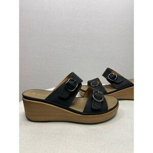 PATRIZIA Women's Black Wedge Sandals Double Buckle‎ Comfort Slides Size 38 7.5